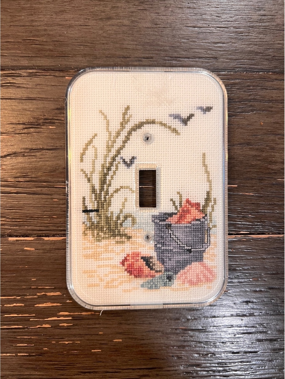 Vintage 80s Handcrafted Beach Scene Cross-Stitch Light Switch Cover